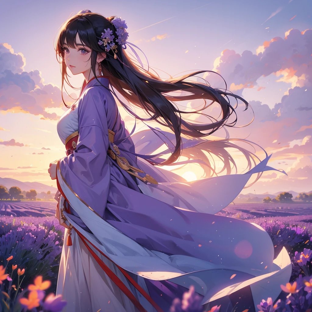 A beautiful female in hanfu dress , Stroll among the purple lavender fields , There are some floating clouds, close up. Sunset.