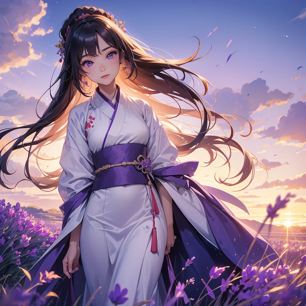 A beautiful female in hanfu dress , Stroll among the purple lavender fields , There are some floating clouds, close up. Sunset.