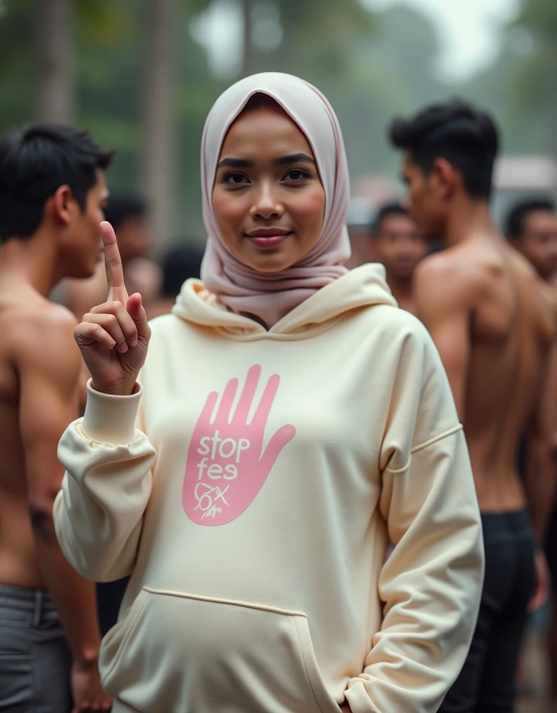 Pregnant, A hijaber indonesian pretty woman, wearing a cream hoodie with a strong vector design featuring a silhouetted image of a five-fingered palm in pastel colour. The phrase "STOP FREE SEX" is displayed in bold simple elegand, distressed typography with pastel colours, while holding her long skirt, wearing hijab, one-handed pose pointing upwards, in a public place, surrounded by many naked couples making love, jav idol, with front shooting angle, very realistic, (complex detail: 0.9), (hdr, hyperdetail: 1.2), RAW, Sony Alpha a9 II, 24-105mm f/4, HDR,