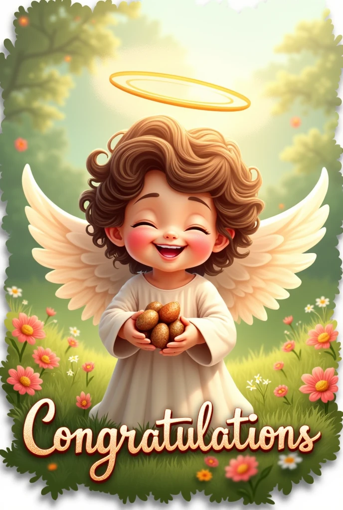 Drawn angel, Sticker, holds nuts, smile, nimbus, curly hair, grass, flowers , joy holiday. Words in beautiful font: "Congratulations"