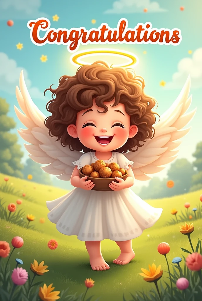 Drawn angel, Sticker, holds nuts, smile, nimbus, curly hair, grass, flowers , joy holiday. Words in beautiful font: "Congratulations"