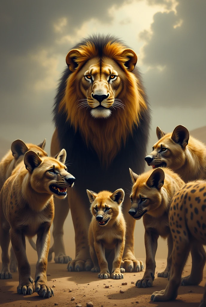 Lion and son surrounded round by many hyenas 