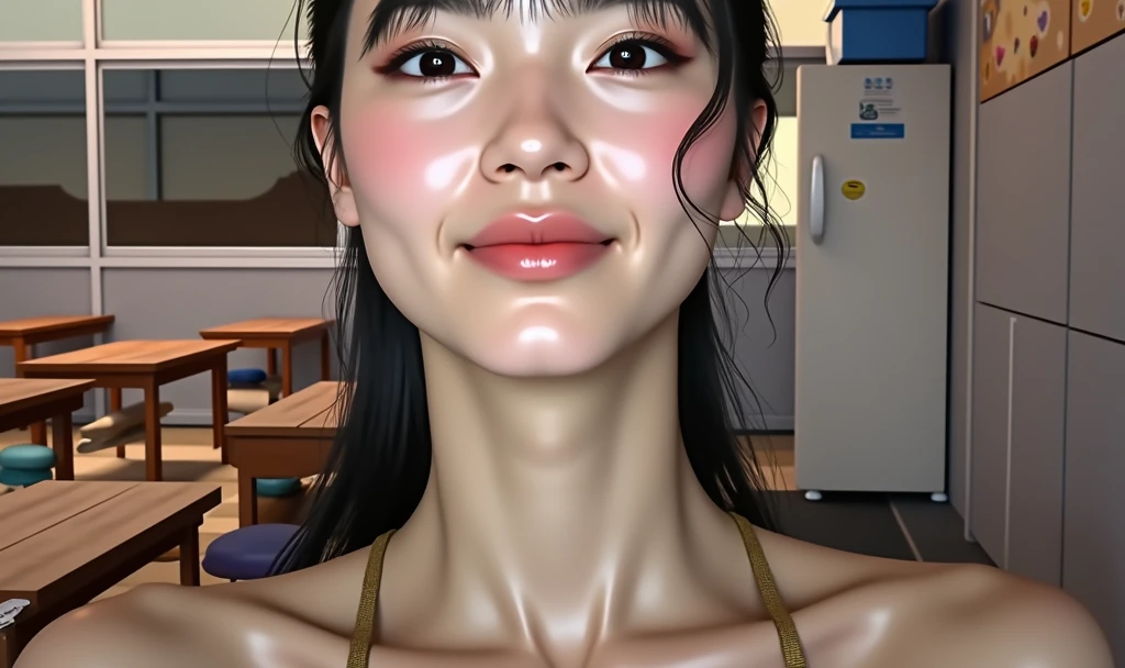 Beautiful Japanese face woman, image from the neck up, woman with a long neck　 front face adult woman photorealistic Realistic skin 4k super delicate