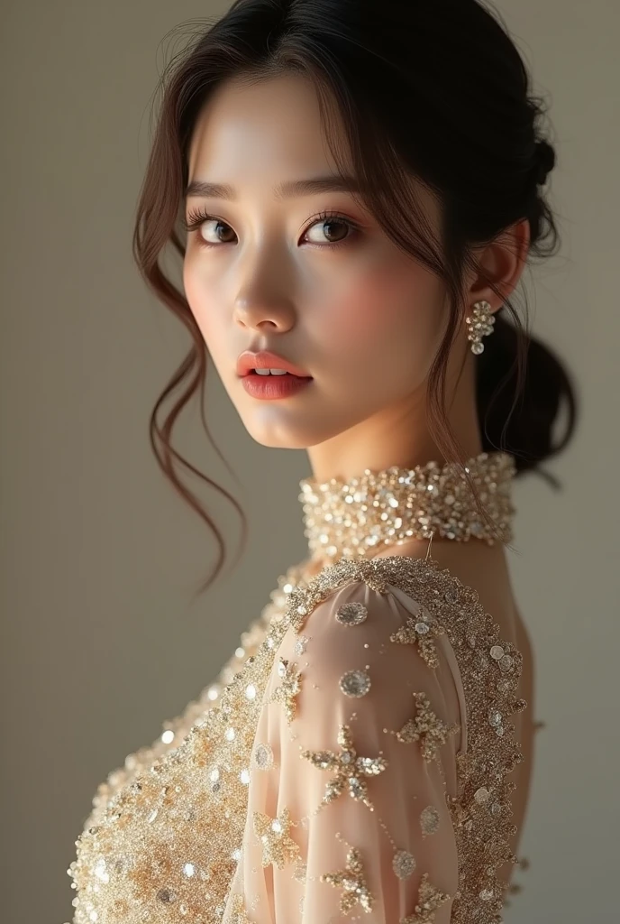 a gorgeous korean girl wearing the most vivid and luxurious glittery outfit, tight clothing, best quality, 8k, masterpiece, ultra-detailed, realistic, photorealistic, physically-based rendering, vivid colors, sharp focus, studio lighting