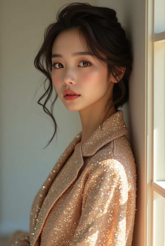 a gorgeous korean girl wearing the most vivid and luxurious glittery outfit, tight clothing, best quality, 8k, masterpiece, ultra-detailed, realistic, photorealistic, physically-based rendering, vivid colors, sharp focus, studio lighting