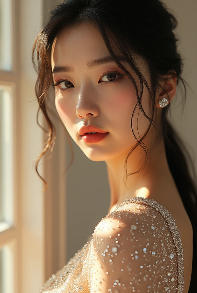 a gorgeous korean girl wearing the most vivid and luxurious glittery outfit, tight clothing, best quality, 8k, masterpiece, ultra-detailed, realistic, photorealistic, physically-based rendering, vivid colors, sharp focus, studio lighting