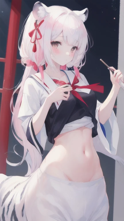 (best quality, masterpiece), 1 girl, centaur, I beg, White skin, Japanese schoolgirl, chest, black pink, exposing the abdomen,belly button t-shirt, beautiful girl perfect, White tiger photo, 완벽한 White tiger photo