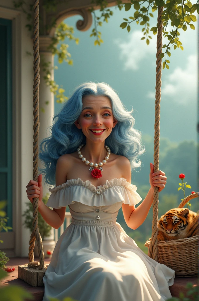 Old woman with long curly blue hair
With a very smiling and happy lip
With an old basket with a tiger in it, wearing a white princess dress
A pearl necklace with a red rose
The old woman is sitting on the swing in the balcony inside a dream house
