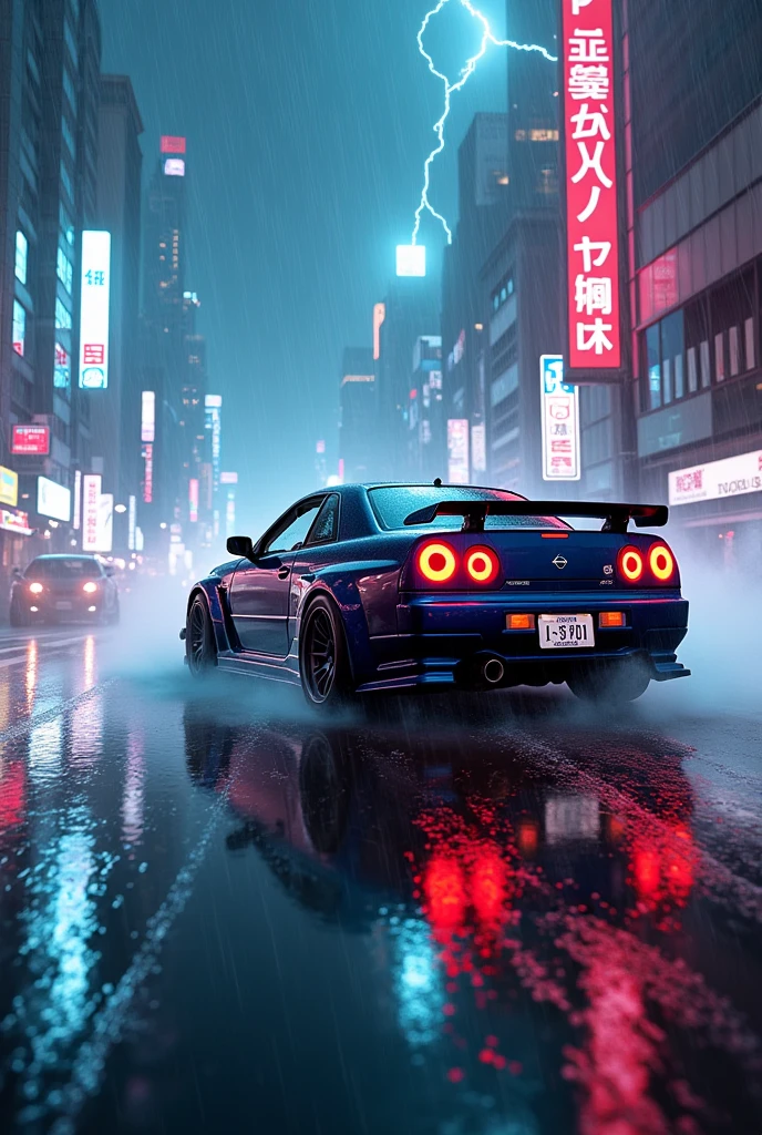 Nissan R34 drifting in neon city through thunderstorms