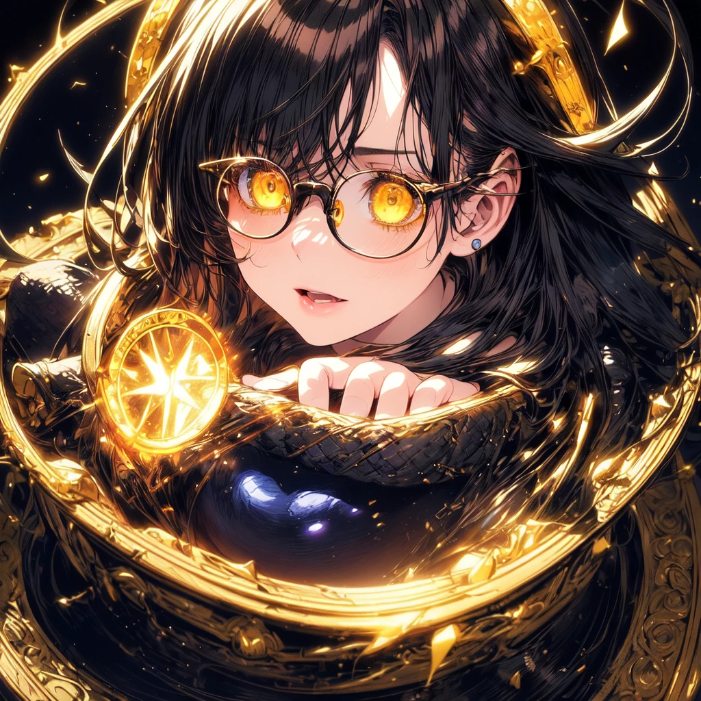 (masterpiece, best quality, ultra-detailed, best shadow), (detailed background,dark fantasy), (handsome detailed face), high contrast, (best illumination, an extremely delicate and beautiful), ((cinematic light)), colorful, hyper detail, dramatic light, intricate details, (1girl, solo, black with yellow hair, sharp face, yellow eyes, hair between eyes,dynamic angle), blood splatter, swirling black light around the character, depth of field,black light particles,(broken glass),magic circle, wear round glasses, A pair of cat ears on the head