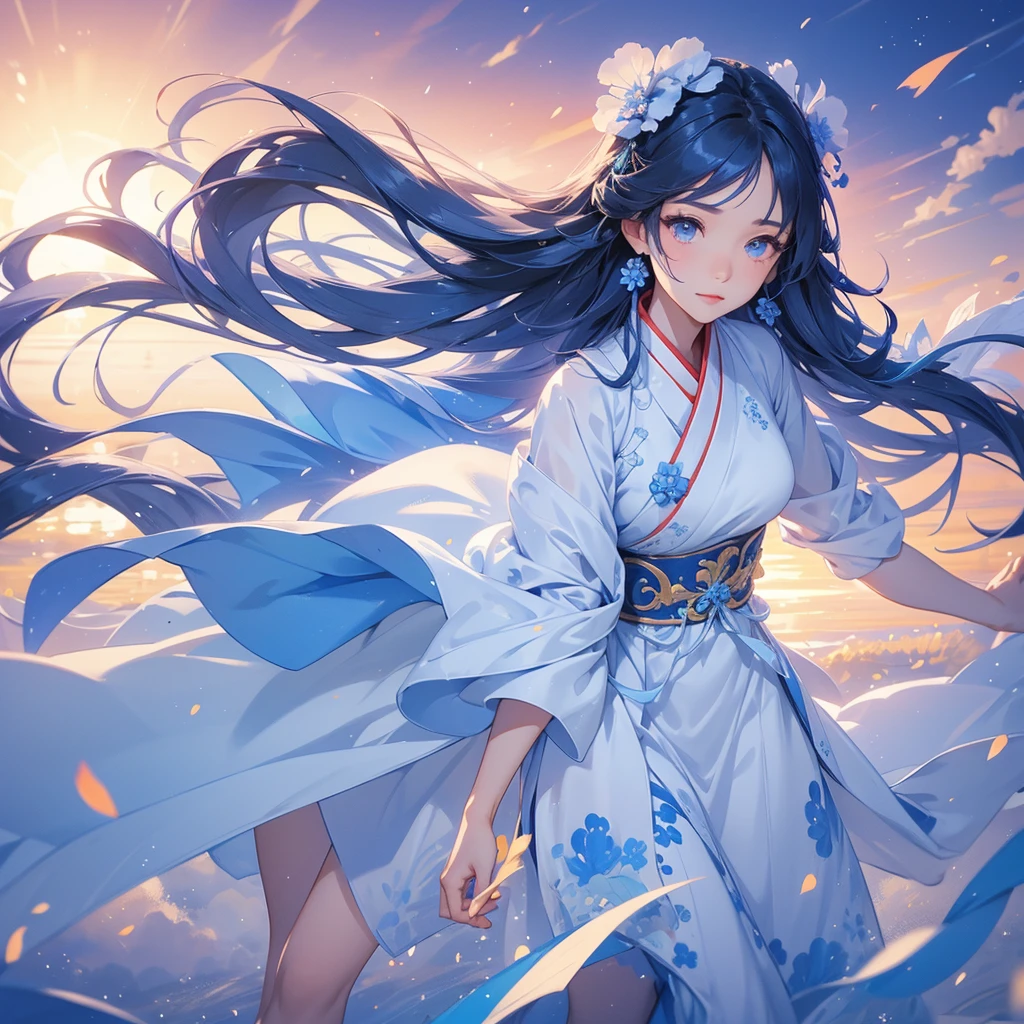 A beautiful female in hanfu dress , Strolling among the nemophila fields Glowing blue, There are some floating clouds, close up. Sunset.