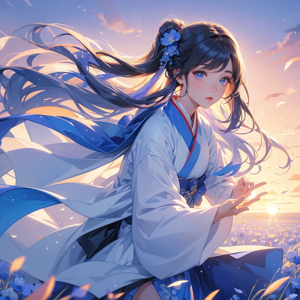 A beautiful female in hanfu dress , Strolling among the nemophila fields Glowing blue, There are some floating clouds, close up. Sunset.