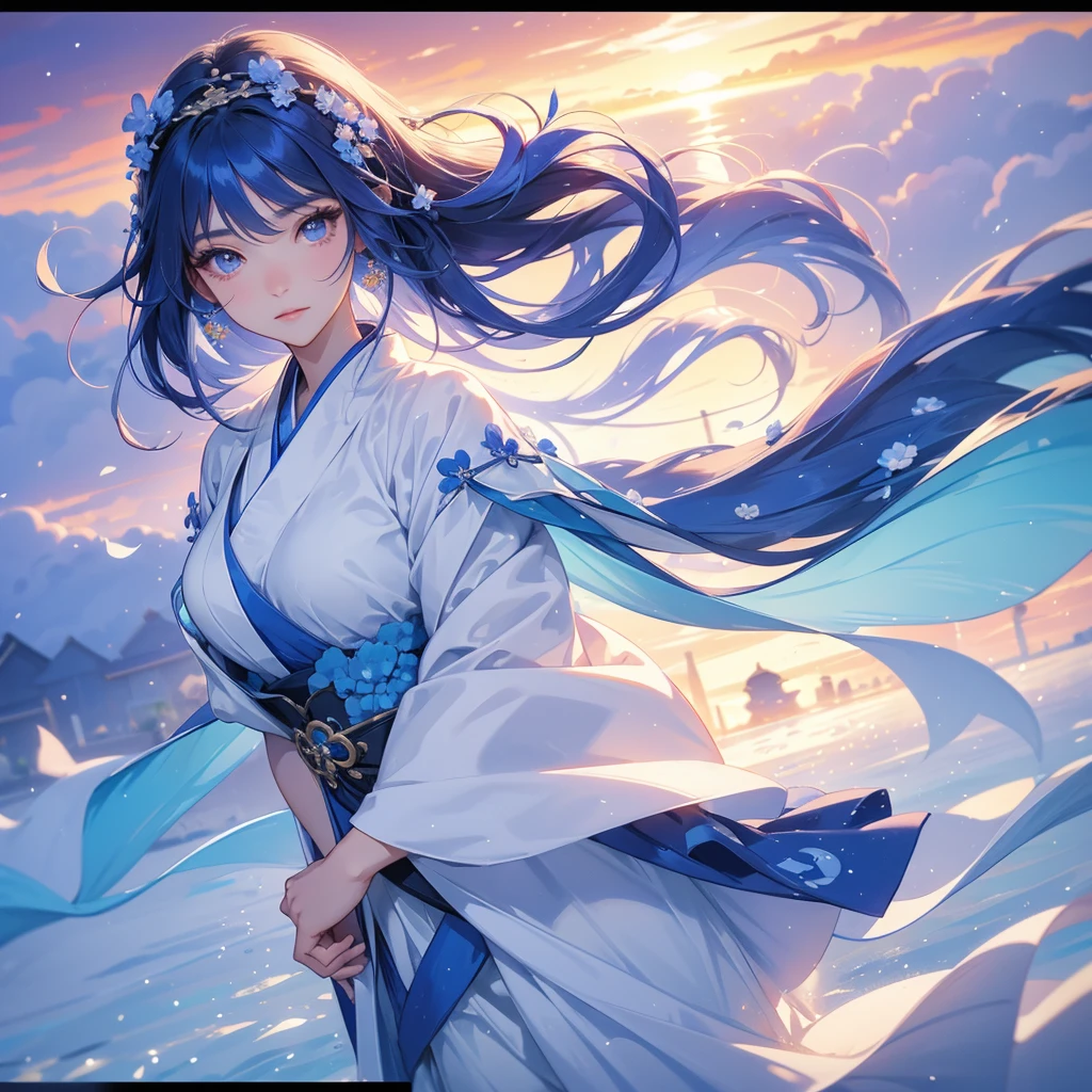 A beautiful female in hanfu dress , Strolling among the nemophila fields Glowing blue, There are some floating clouds, close up. Sunset.