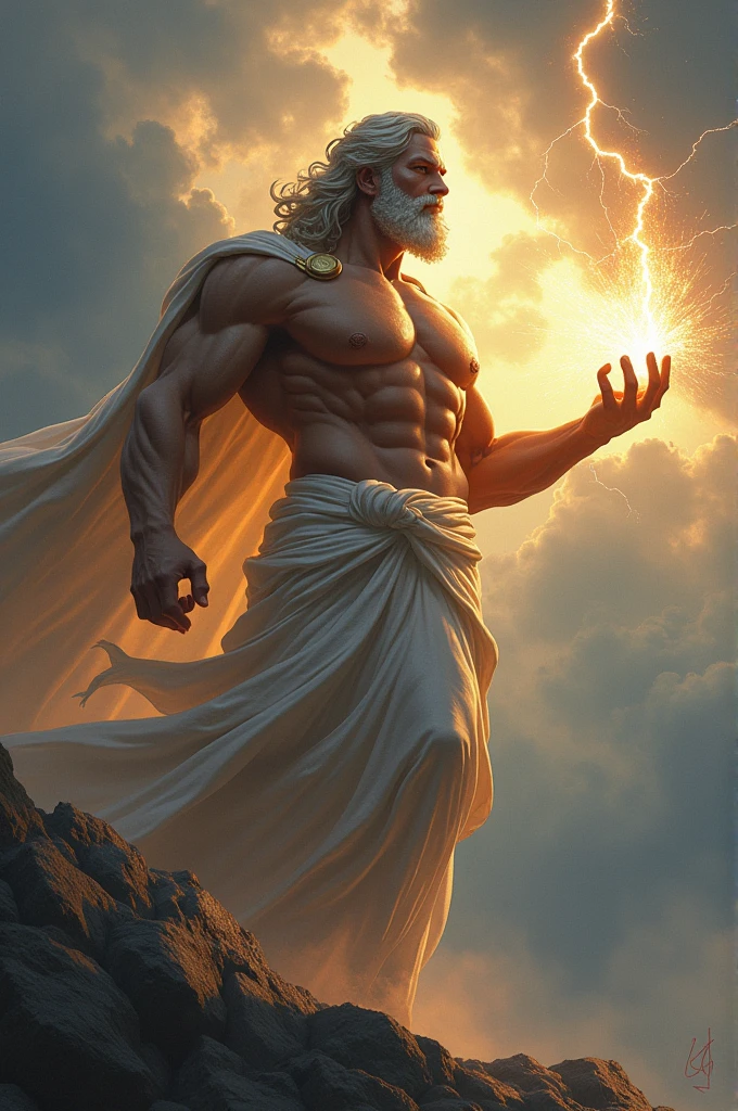 Fais un demi dieux humain de taille qui tiens l'éclair de zeus dans sa main
