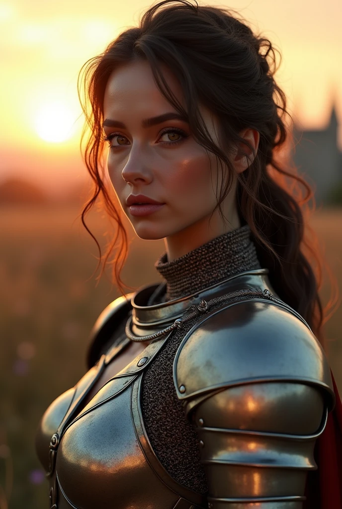 (work of art), (extremely complex:1.3), (realisitic), portrait of a , the most beautiful in the world, (medieval armor), metallic reflections, trunk, plein-air, Strong Sunlight, far away castle, professional photography of a stunning woman detailed, sharp focus, Dramatic, awardwinning, cinematic lighting, octane render unreal engine, volumetric dtx, (film grain, nblurry background, blurry foreground, bokeh, Depth of field, sunset, motion-blur:1.3), steel mesh bikini for women, ((the armor has openings in the breasts leaving the breasts exposed))