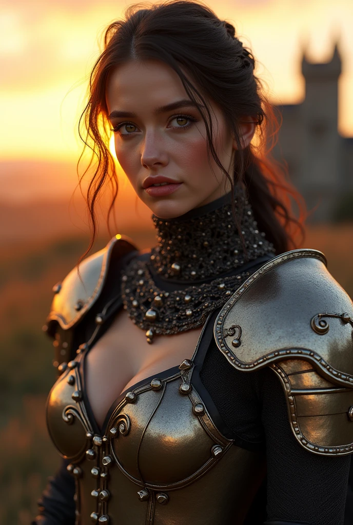 (work of art), (extremely complex:1.3), (realisitic), portrait of a , the most beautiful in the world, (medieval armor), metallic reflections, trunk, plein-air, Strong Sunlight, far away castle, professional photography of a stunning woman detailed, sharp focus, Dramatic, awardwinning, cinematic lighting, octane render unreal engine,  volumetric dtx, (film grain, nblurry background, blurry foreground, bokeh, Depth of field, sunset, motion-blur:1.3), steel mesh bikini for women, ((the armor has openings in the breasts leaving the breasts exposed)) 