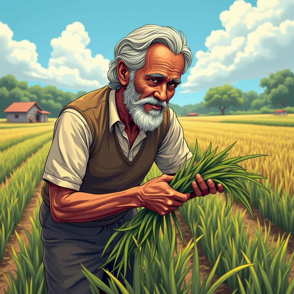 India farmer man in his field. bust photo. Farm land and tools in background, anime style