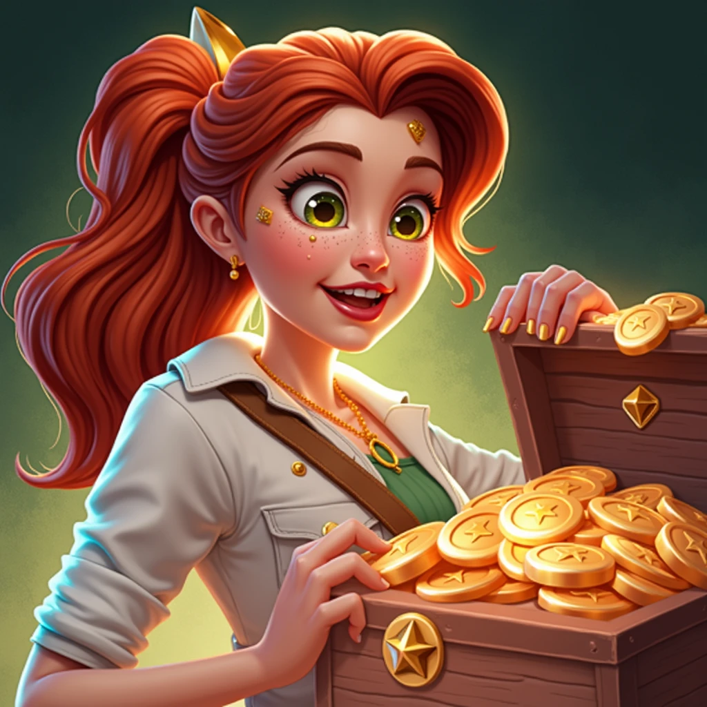 Game Icon，1 Girl，blonde，Long hair，Braided Bangs，Green eyes，Orange clothing，Tribal costumes，happy，Treasure Chest，Treasure，the highest picture quality ，HD