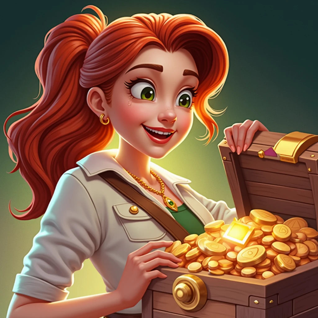 Game Icon,1 Girl,blonde,Long hair,Braided Bangs,Green eyes,Orange clothing,Tribal costumes,happy,Treasure Chest,Treasure,the highest picture quality ,HD