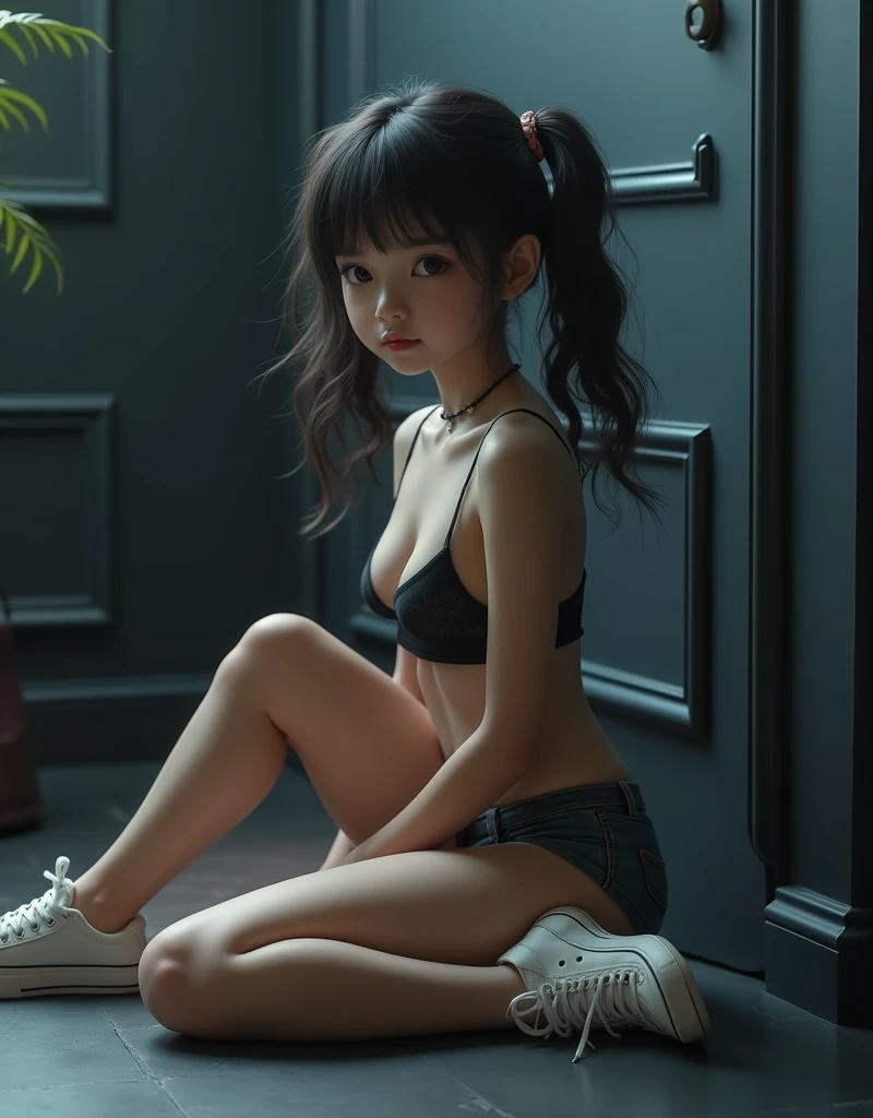 Cute 18-year-old girl, god, Short Girl, A slim body, Revealing clothing, Cute clothes, skimpy clothes, detailed face, beautiful eyes, long eyelashes, cute expression, Minimalist interior, dark-toned interior, photorealistic, 4K, high quality, hairstyle two ponytails, Short skirt, sneakers, sitting on the floor, side view