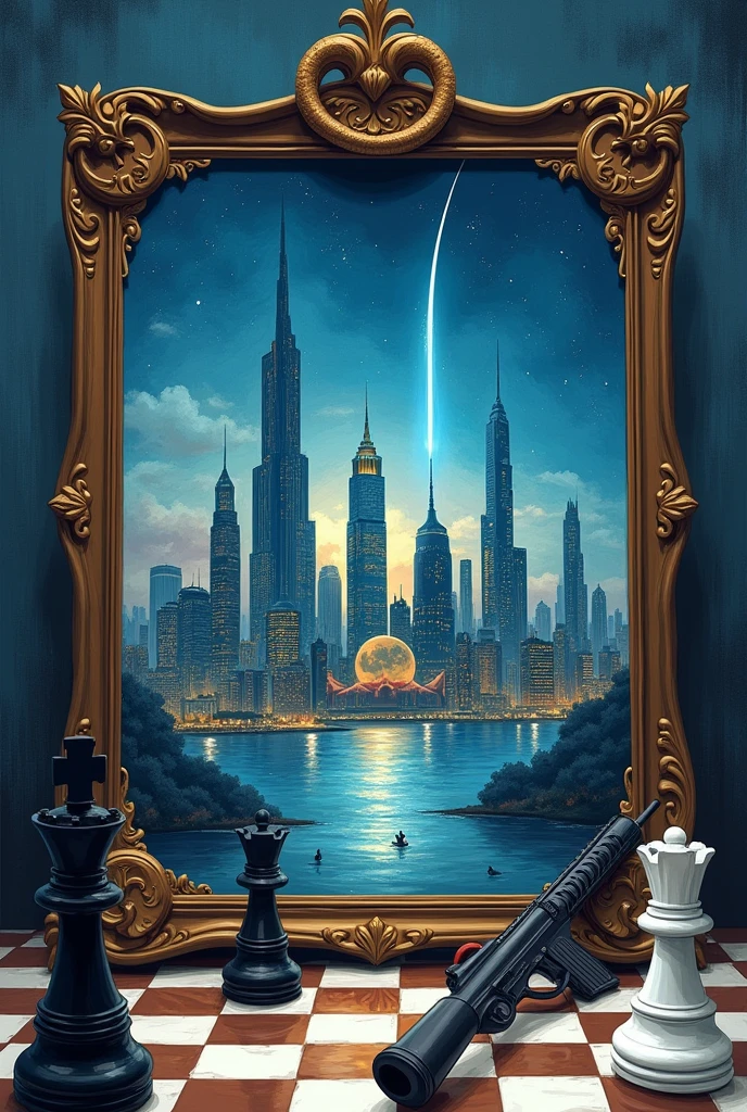 The image is Ghibli style, shows a painting, which has a frame with the figure of the ouroboros, On the canvas, a futuristic city with large skyscrapers is drawn with a brush and watercolor, with a shooting star streaking across the night sky in the distance.. Outside the painting two chess pieces can be seen, one the black king and the white king, and also two guns and some brushes that were used to paint the picture.