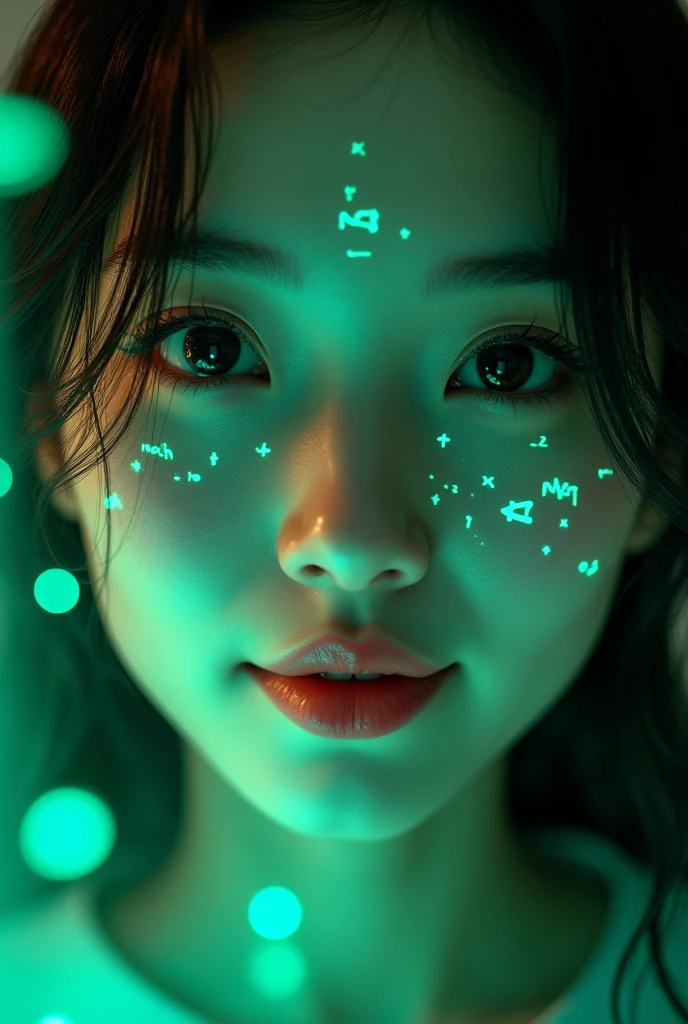 Close-up of oriental female face,Presumably, Glowing green holographic equation projected onto skin. Strong gaze, Realistic features. Dark background, Cyberpunk aesthetics. Glowing math formulas, Handwriting style. Futuristic, High-tech atmosphere. Photorealistic rendering, Dramatic Lighting, In sharp contrast,Young and energetic, Charming model, (Exquisite eyes, Delicate lips), Show a bright smile, Create stunning girl images, Color Saturation Extreme Art, Extremely detailed CG, Unity 8K wallpaper, (High Dynamic Range :1.4), (Movie atmosphere),(Soft colors), (Natural skin texture