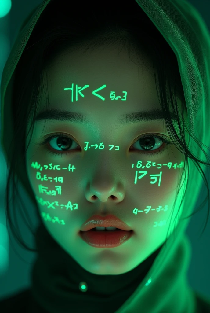 Close-up of oriental female face，Presumably, Glowing green holographic equation projected onto skin. Strong gaze, Realistic features. Dark background, Cyberpunk aesthetics. Glowing math formulas, Handwriting style. Futuristic, High-tech atmosphere. Photorealistic rendering, Dramatic Lighting, In sharp contrast，Young and energetic, Charming model, (Exquisite eyes, Delicate lips), Show a bright smile, Create stunning girl images, Color Saturation Extreme Art, Extremely detailed CG, Unity 8K wallpaper, (High Dynamic Range :1.4), (Movie atmosphere),(Soft colors), (Natural skin texture