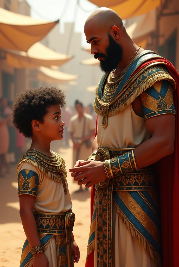 A rich man bought the boy Egyptian pharaoh dress beautiful boy , beautiful white skin , green eyes , curly hair, in the market of Egypt , Egyptian pharaoh dress ,black beard , no Hair , handsome rich man