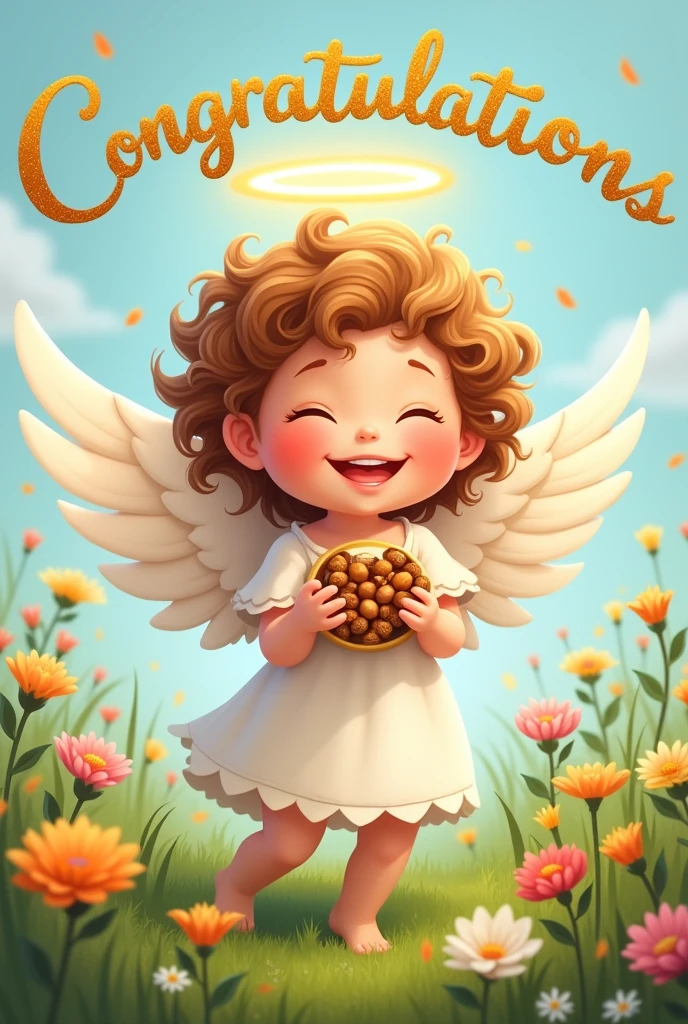 Drawn angel, Sticker, holds nuts, smile, nimbus, curly hair, grass, flowers , joy holiday. Words in beautiful font: "Congratulations"