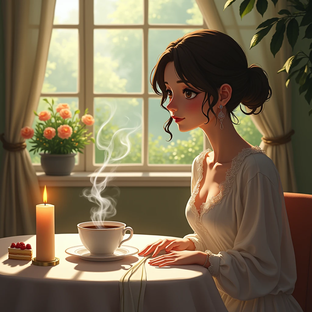 coffee,Smoke rising,Cake on a plate,flower,vase,window