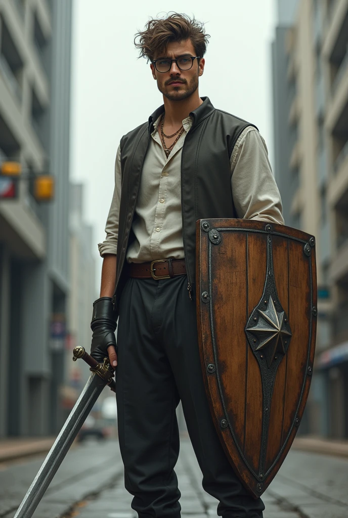 Tall lean man with glasses, messy hair with light mustache, young, sword and shield weapon, modern clothes, full body