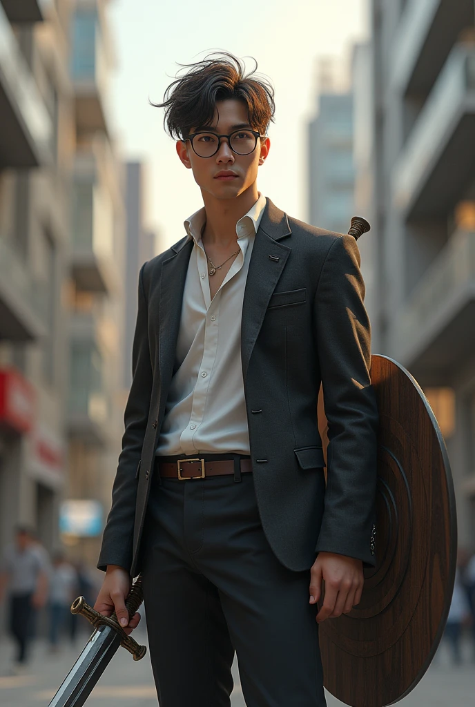 Tall lean man with glasses, messy hair with light mustache, young, sword and shield weapon, modern clothes, full body