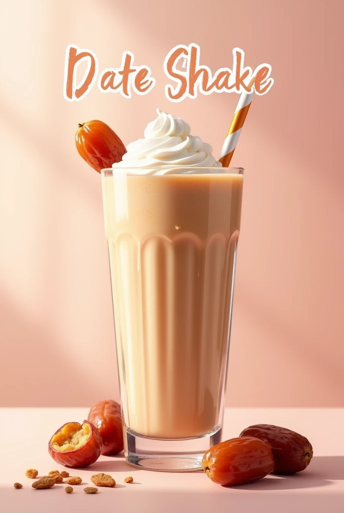 A poster displaying date fruits falling in a glass full of date milkshake with a straw inside and alao displaying the name Date Shake