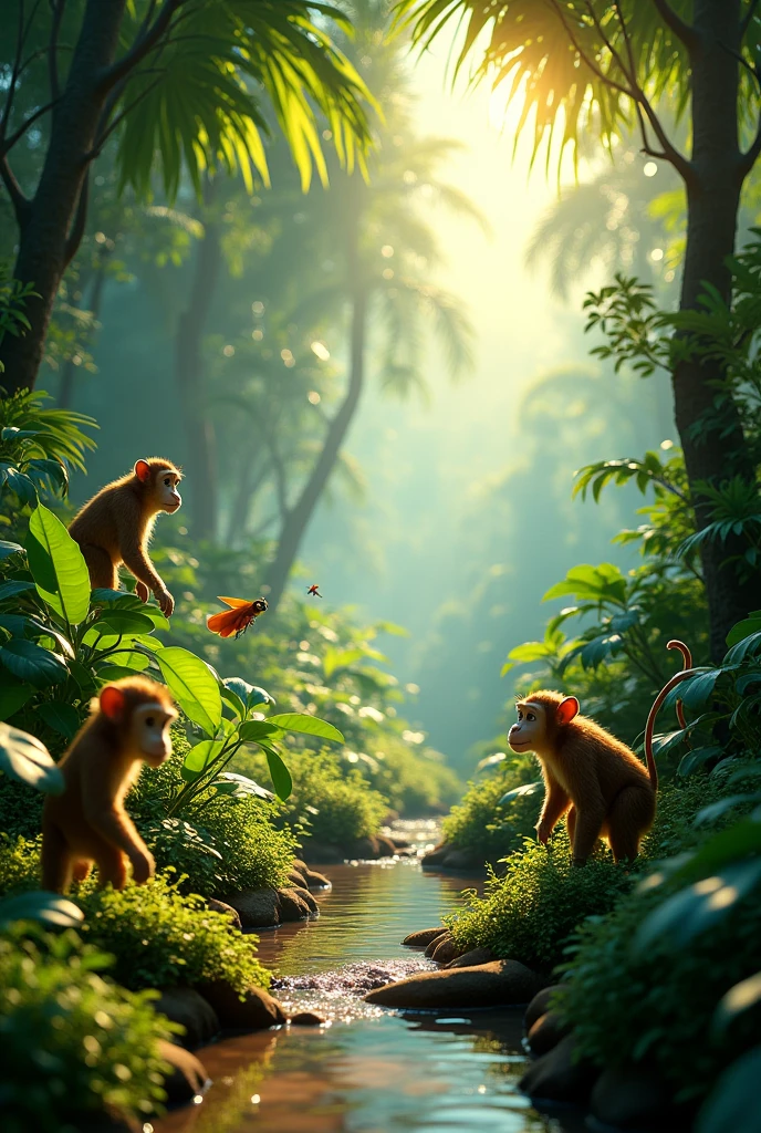 Tropical rainforest in the morning,Pixar movie style, best quality, Movie stills,