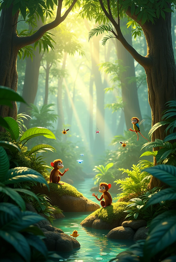 Tropical rainforest in the morning,Pixar movie style, best quality, Movie stills,