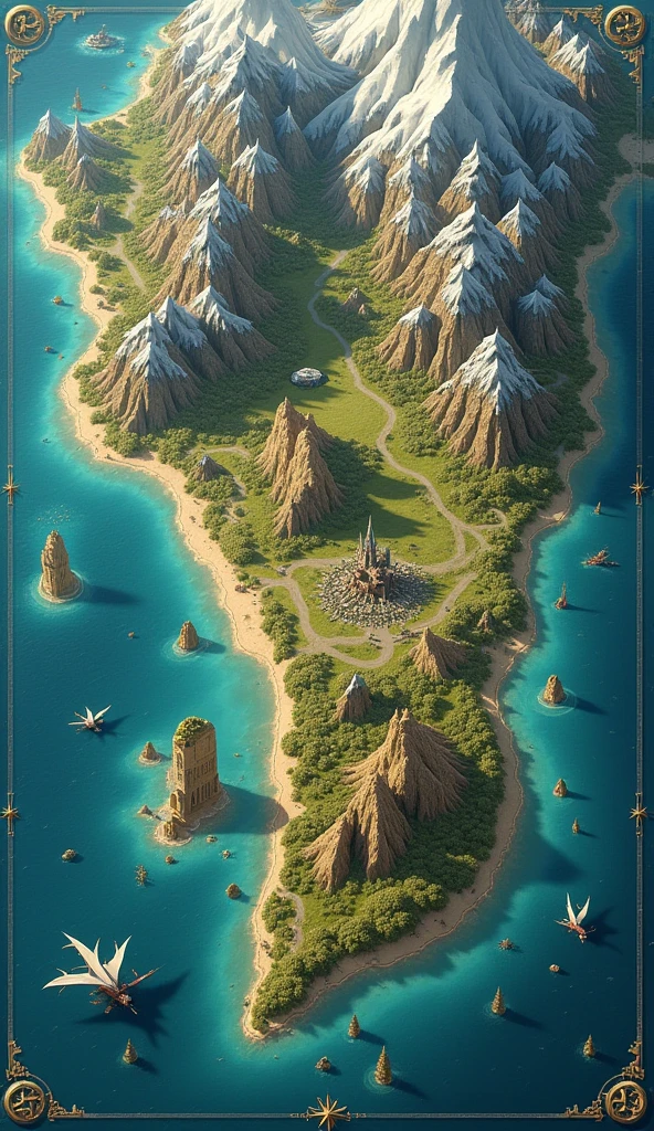 Map of the continent of Valant，In the center of the map is the country of humanity.，To the north are the dwarves of the land of ice and snow.，The south is a country of desert cities.，To the west is the land of dragons, with tall mountains and snow.，To the east is the dense forest area of the Elves.