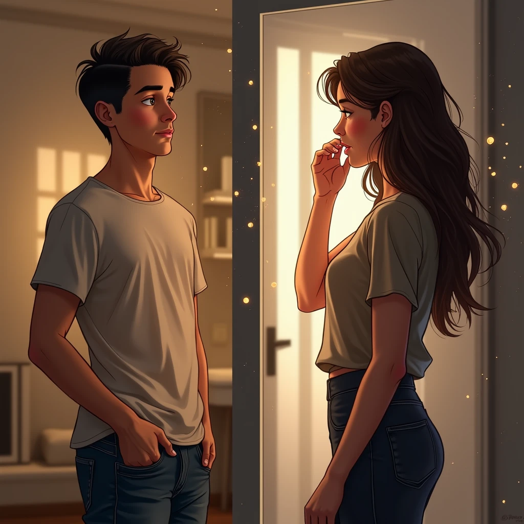Image 1 (Left Panel - Before): On the left side, a man in his late 20s with short, dark hair, wearing casual clothing (jeans and a plain t-shirt), stands in front of a mirror. The room is softly lit, with a subtle magical aura—glowing particles floating around him, hinting at the upcoming transformation. His expression shows a mix of curiosity and anticipation.

Image 2 (Right Panel - After): On the right side, the scene is the same, but the man has transformed into a woman. She has long, flowing hair and is dressed in a stylish outfit, like a bikini. The magical aura has intensified, with more glowing particles around her. Her expression is one of surprise and amazement as she touches her new face, exploring her transformed features.