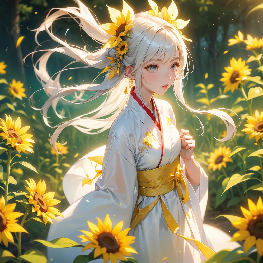 A beautiful female in white hanfu dress , Strolling among the sunflower fields Glowing yellow,close up. 