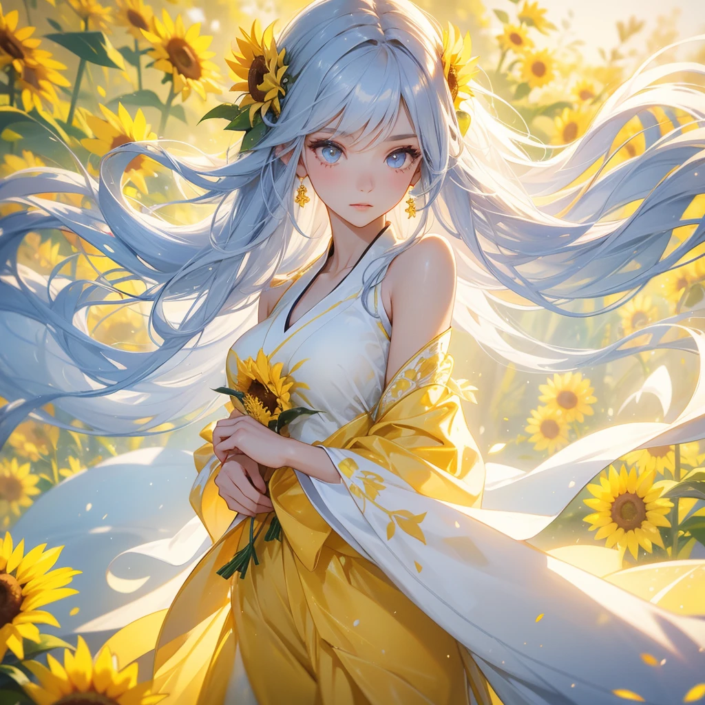 A beautiful female in white hanfu dress , Strolling among the sunflower fields Glowing yellow,close up. 