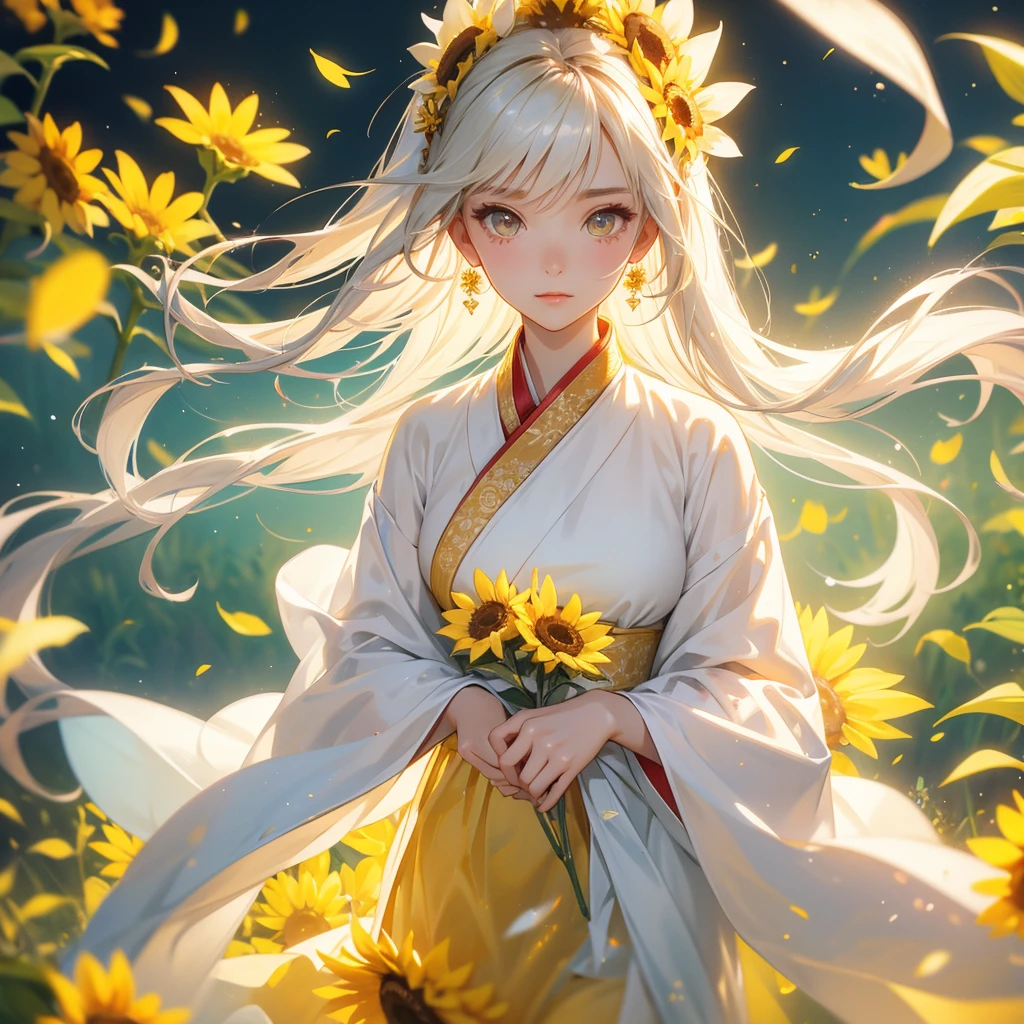 A beautiful female in white hanfu dress , Strolling among the sunflower fields Glowing yellow,close up.
