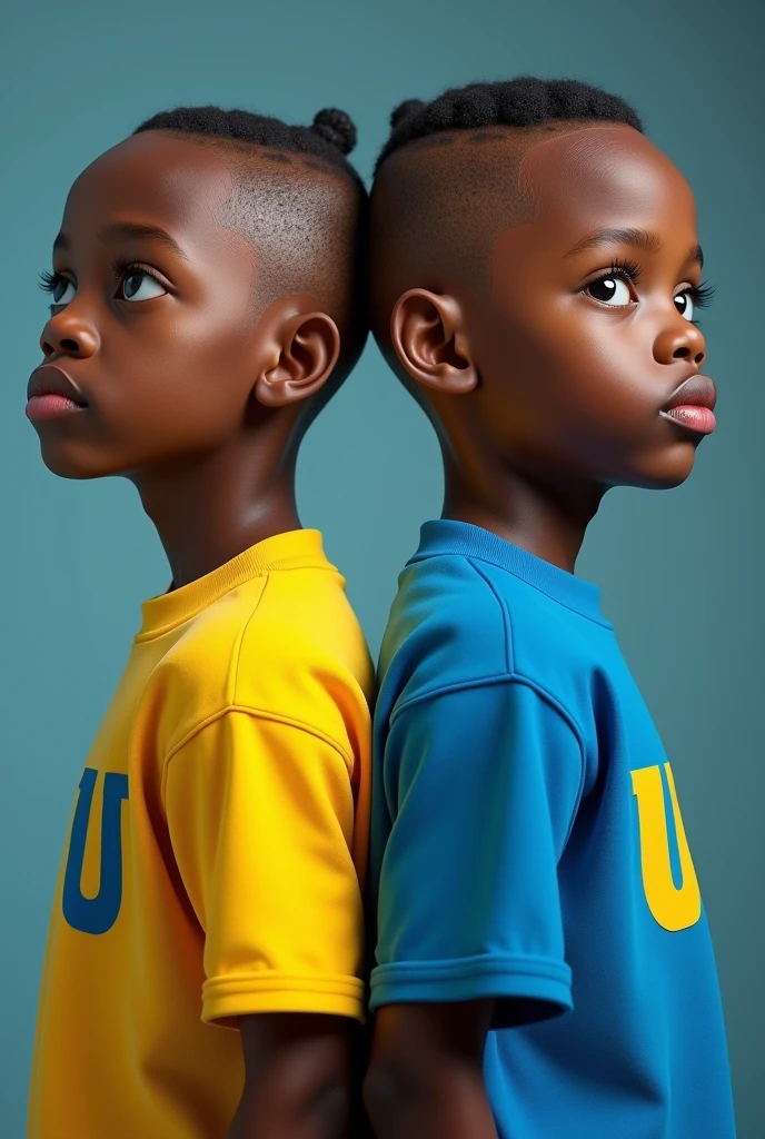 a twin boys, beautiful detailed eyes, beautiful detailed lips, Twin big guy.(( Wear shirt yellow Word "U ". The font blue color, with one hair on bald hair.)) ((Wear shirt blue Word "i " the font color yellow color, with on bald hair))real back to back pose. Turn back see each other.., long eyelashes, realistic, photorealistic, photo-realistic:1.37, highly detailed, 8k, masterpiece:1.2, best quality, ultra-detailed, sharp focus, physically-based rendering, vivid colors, studio lighting, concept art