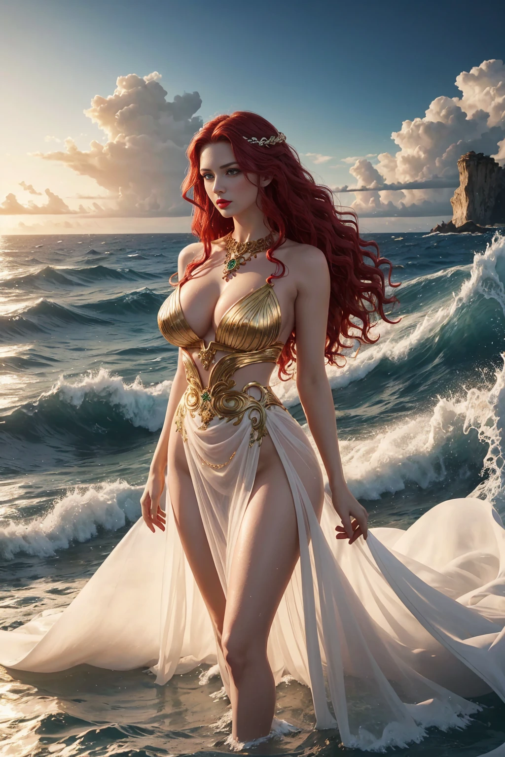 dramatic mythological scene, standing out from the wavy stormy sea with waist up, sexy beautiful perfect shape, full body Greek goddess Persephone's, red long wavy hair, green eyes red lips big breast, white gold embroidered translucent airy dress, gold silver jewelry, hair body clothes wet,