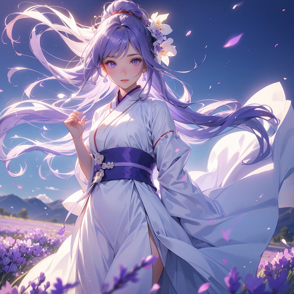 A beautiful female in white hanfu dress , Stroll among the purple lavender fields , There are some floating clouds, close up.