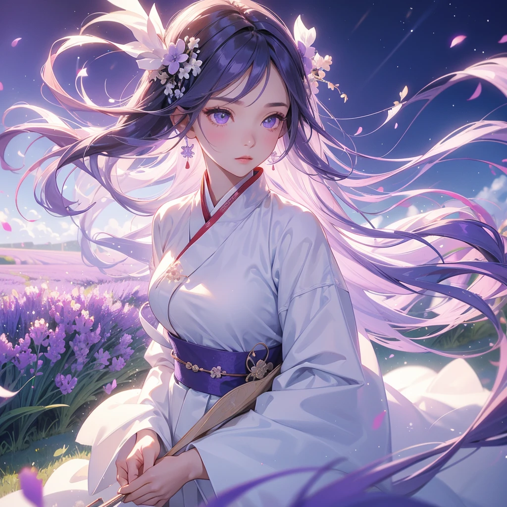 A beautiful female in white hanfu dress , Stroll among the purple lavender fields , There are some floating clouds, close up.