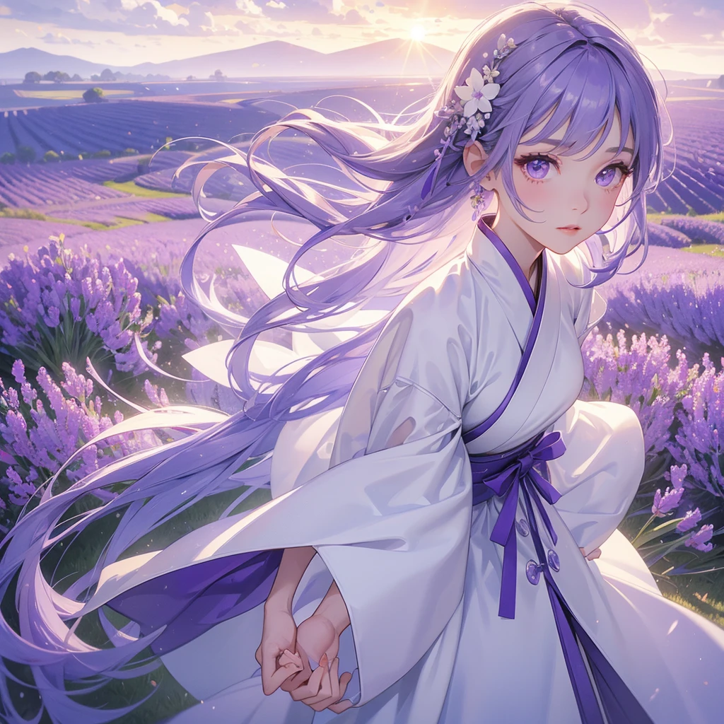 A beautiful female in white hanfu dress , Stroll among the purple lavender fields , There are some floating clouds, close up. 