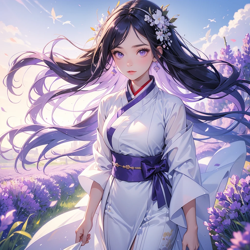 A beautiful female in white hanfu dress , Stroll among the purple lavender fields , There are some floating clouds, close up.