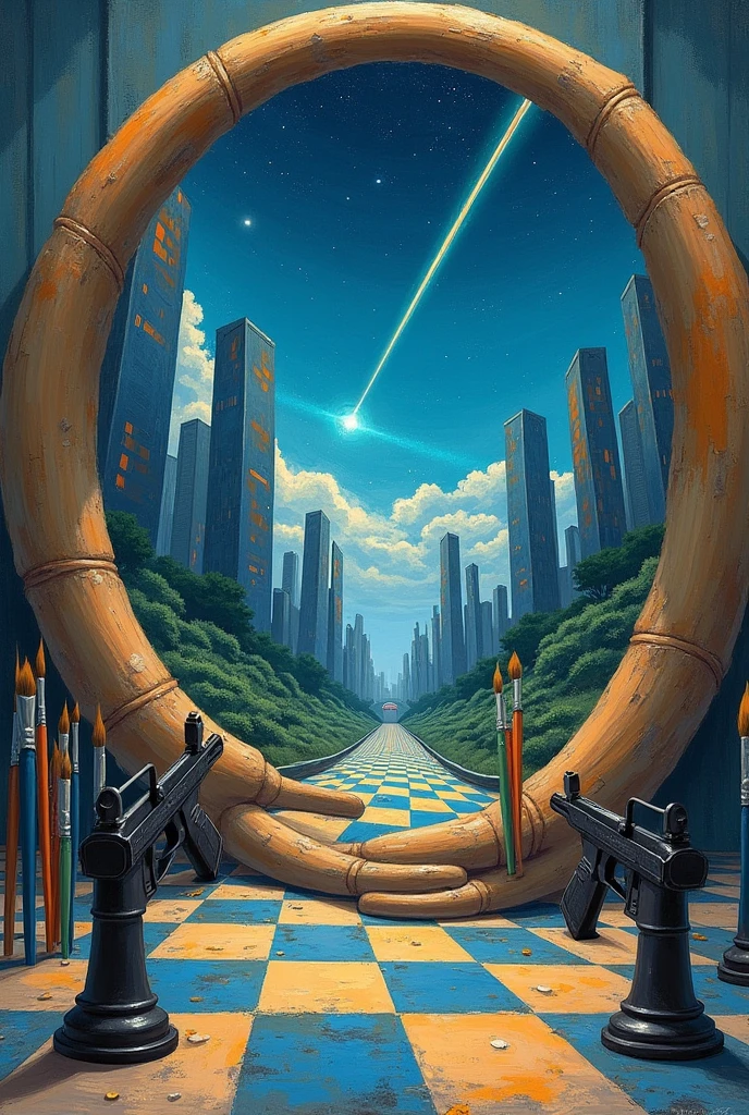 The image is Ghibli style, shows a painting, which has a circular frame shaped like an ouroboros, On the canvas, a futuristic city with large skyscrapers is drawn with a brush and watercolor, with a shooting star streaking across the night sky in the distance.. Outside the painting two chess pieces can be seen, one the black king and the white king, and also two guns and some brushes that were used to paint the picture. 