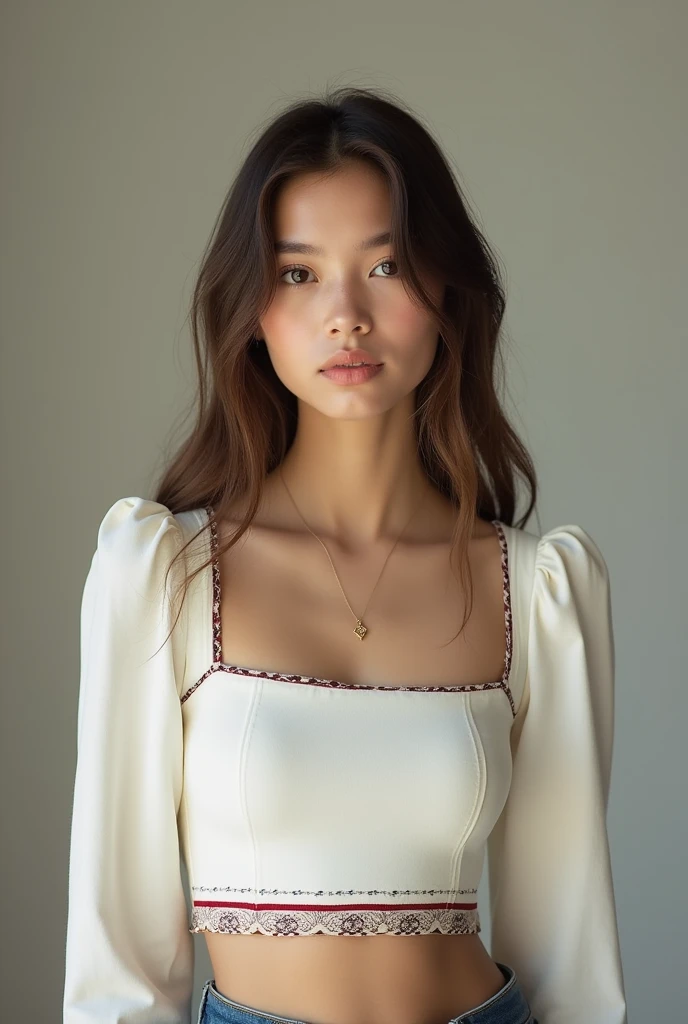 A girl wear long sleeved crop top it is sqare neck crop top and bandana type ending. She is in a photo