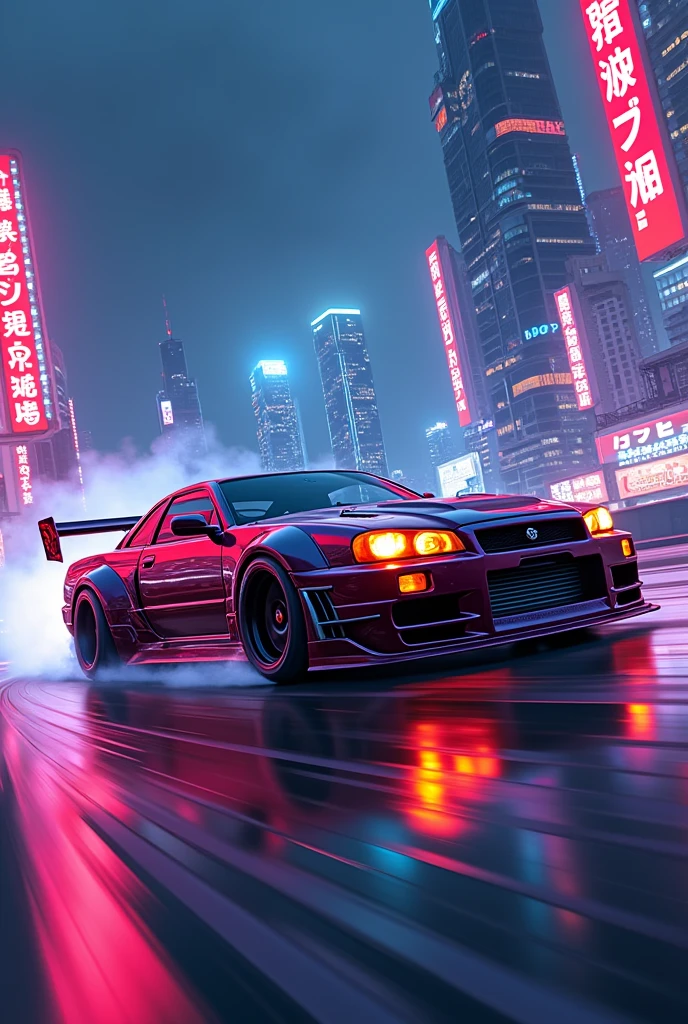 Anime style mecha Nissan R34 drag racing