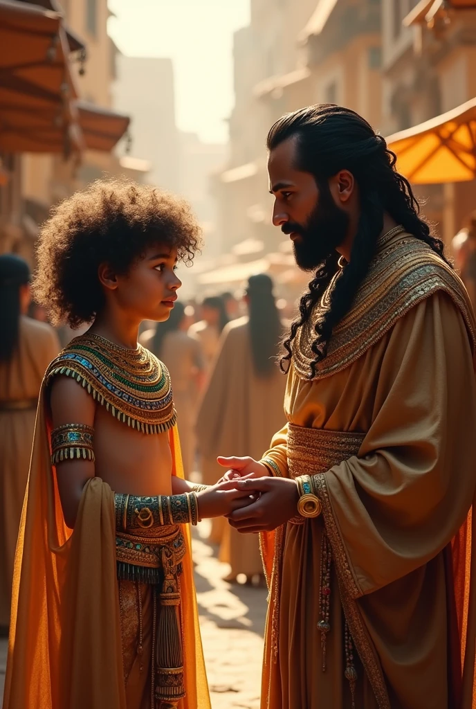 A rich man bought the boy Egyptian pharaoh dress beautiful boy , beautiful pure white skin , green eyes , curly hair, in the market of Egypt , Egyptian pharaoh dress ,black beard , no Hair , handsome rich man